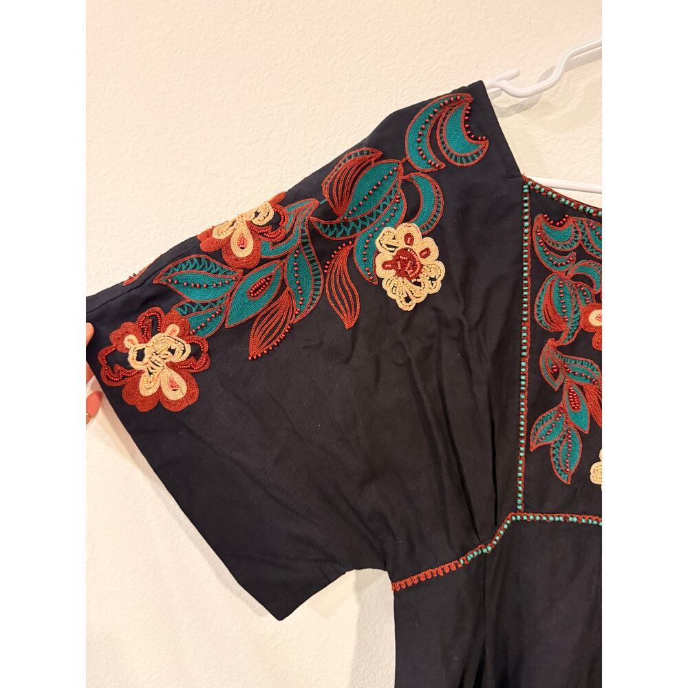 Feather Bone Embroidered Mini Dress Women’s SP Black Floral Boho Dress - Picture 5 of 10